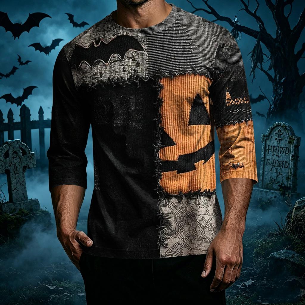 Men Casual Halloween Print Crew Neck T Shirt Three Quarter Sleeve Relaxed Fit Top for Everyday Wear