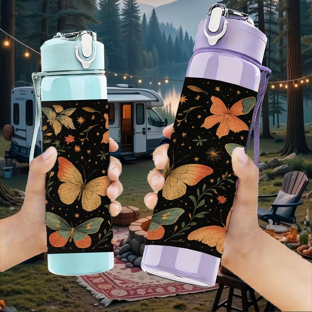 1PC Dark Butterfly Floral Square Pattern 750ml Color Plastic Sports Water Bottle Leakproof Flip Straw Lid Suitable for Sports Office Home Use