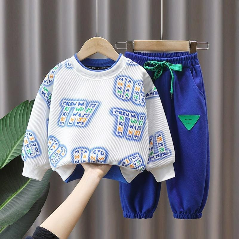 

Spring and Autumn Boys Suits, Big Children s Long-sleeved Fake Two-piece Sweaters, Casual Pants, Sportswear, Two-piece Autumn and Winter Suits 100 білий