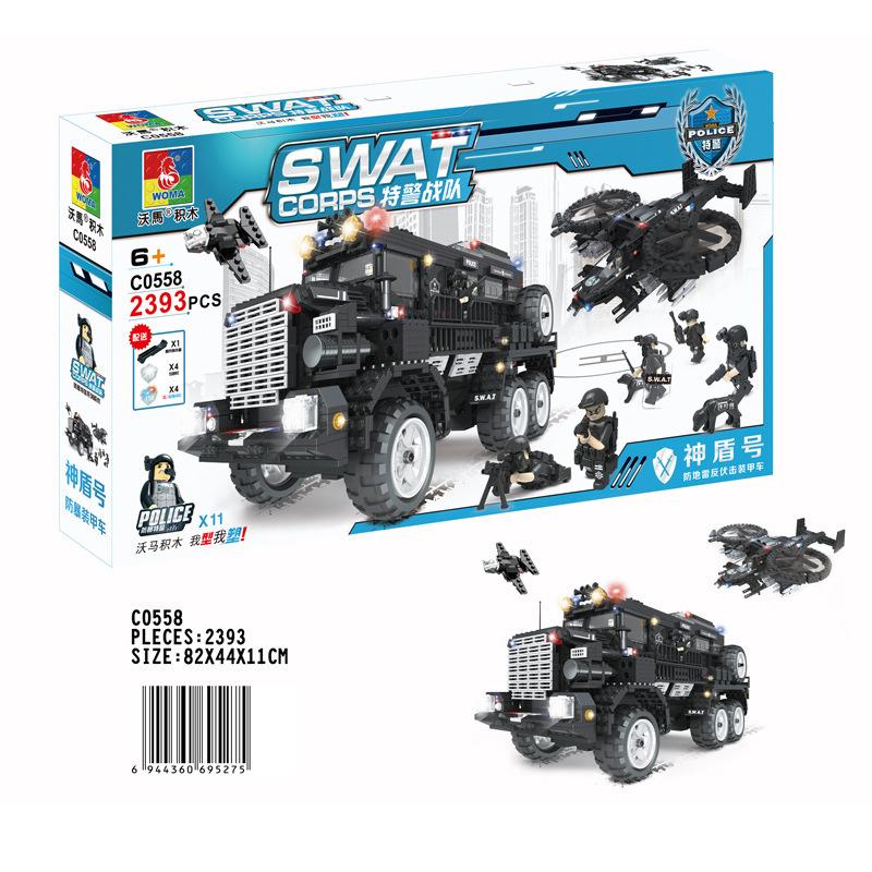 

Военный спецназ Детский развивающий конструктор для детей 6-12 лет Бронированная машина для подавления беспорядков Aegis C0558 82*44*11cm