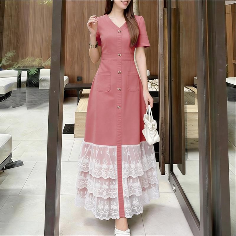 ZANZEA Women Casual V-Neck Short Sleeve Lace Splice Long Dress M розовый