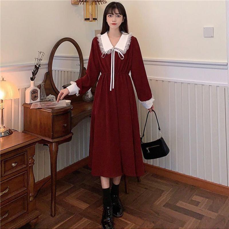 

WTEMPO винтажное платье-рубашка женское осенне-весеннее платье с длинными рукавами Kawaii Lolita элегантные платья миди корейская мода Vestido M красный