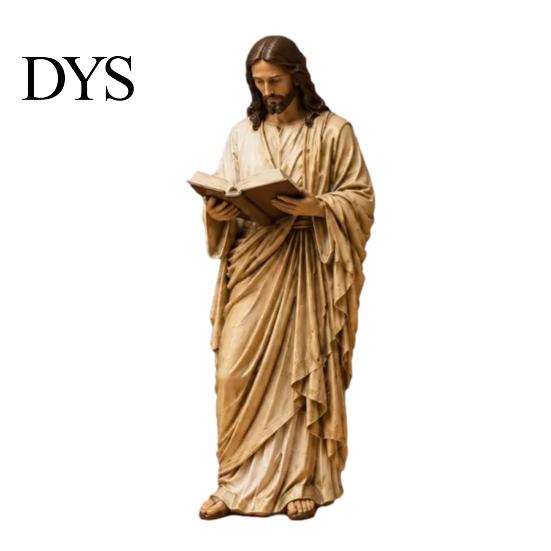 Sacred Figurine Gifts Jesus Reading Bookshelf Figure, Vintage Holy Christian Sculpture, Hand Painted Blessed Minimalist Art Resin Statue for