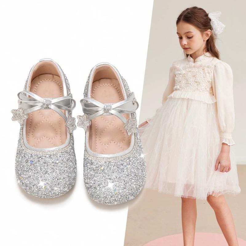 Girls Princess Dress Shoes With Rhinestones Soft Sole Flat Ballet Style Stage Performance 2026