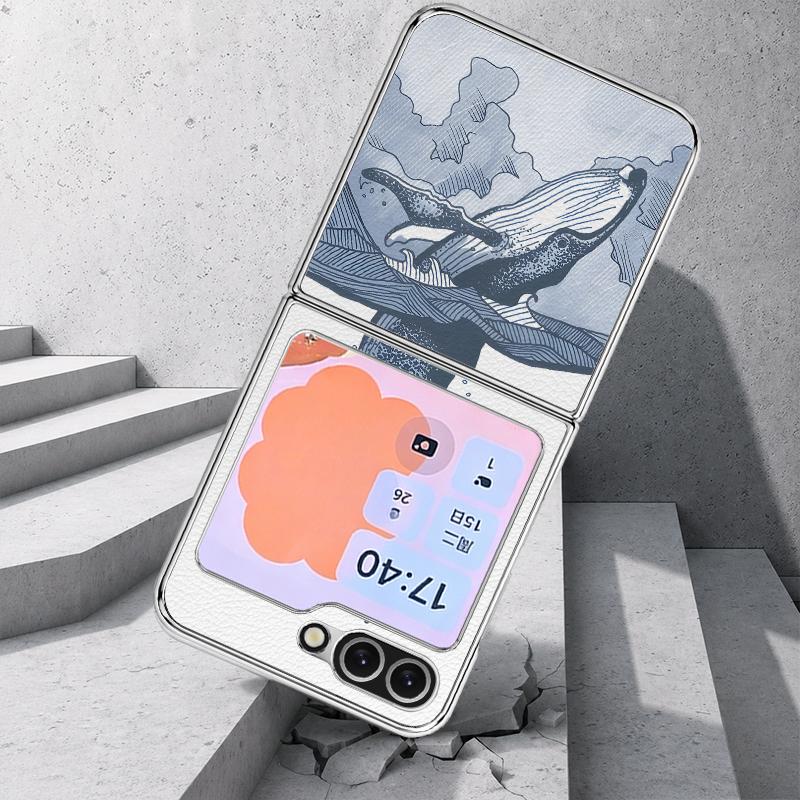 Blues Fish Whale Ocean Phone Case For Samsung Galaxy Z FlIP 7 FE 6 5 Plating PC+PU Leather Hybrid Folding Cover For Samsung Z Flip7 Flip6 Flip5