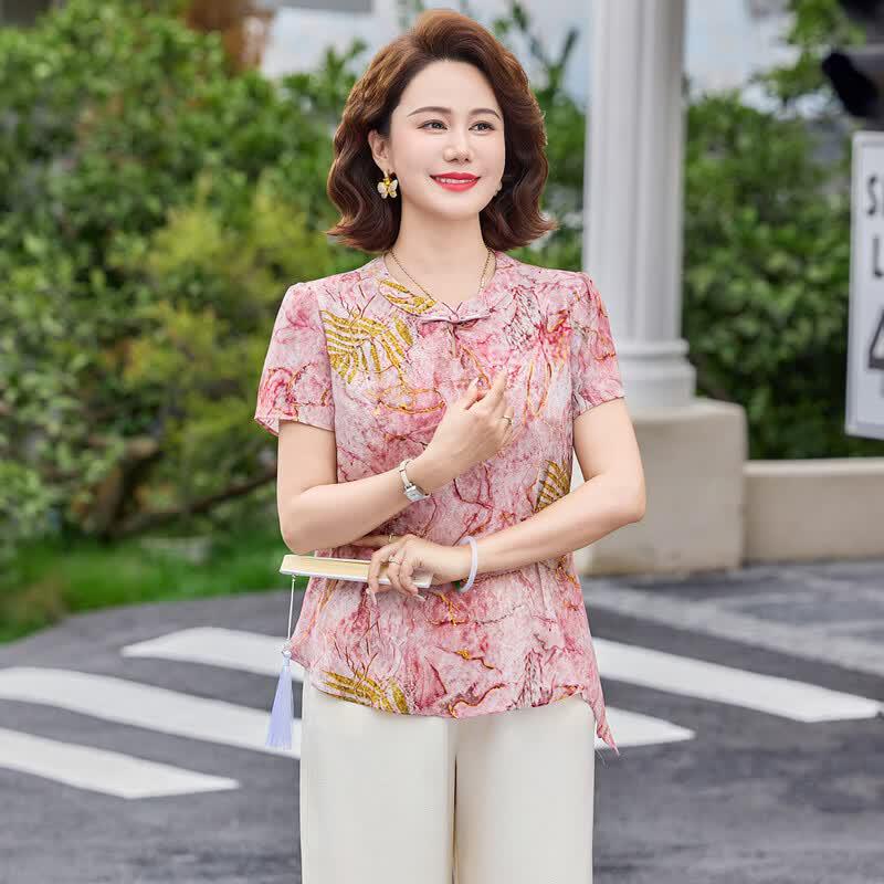 YUZHAOLIN Women's Summer New Chinese Style Print Top & Pants Set