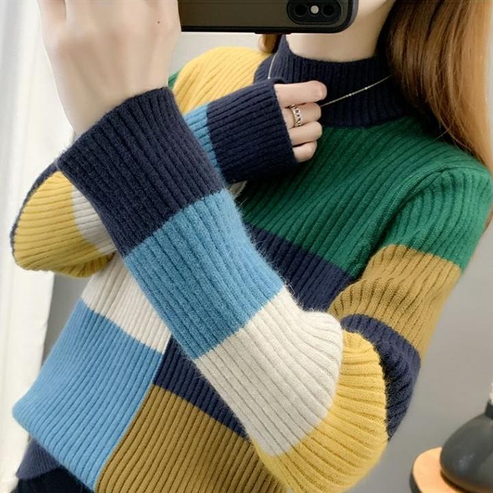Fall Winter Women's Crew Neck Sweater Loose Contrast Knit Sweater Long Sleeve Pullover Knit Jumper Top