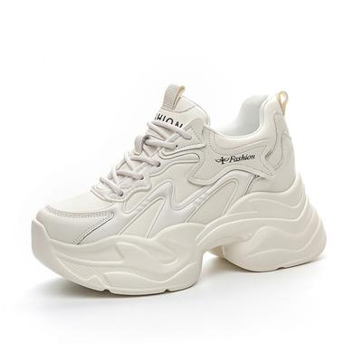 100% Genuine Leather Shoes Women Fashion Sneakers Flat Platform Ladies Casual Shoes Heigh Increasing 9cm Black Beige