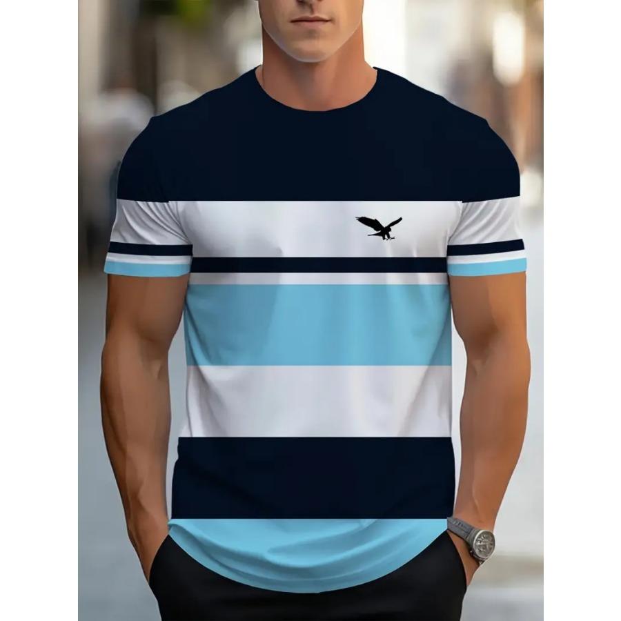 Men Bird Striped T Shirt Short Sleeve O-Neck TShirt Vintage Sport Casual Large Size T-Shirts Men’s