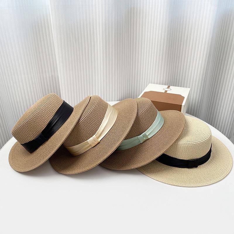 Women's High Quality Straw Woven Hat Elegant Lady Style French Flat Top Straw Hat Summer Seaside Vacation Sun Hat Fedora