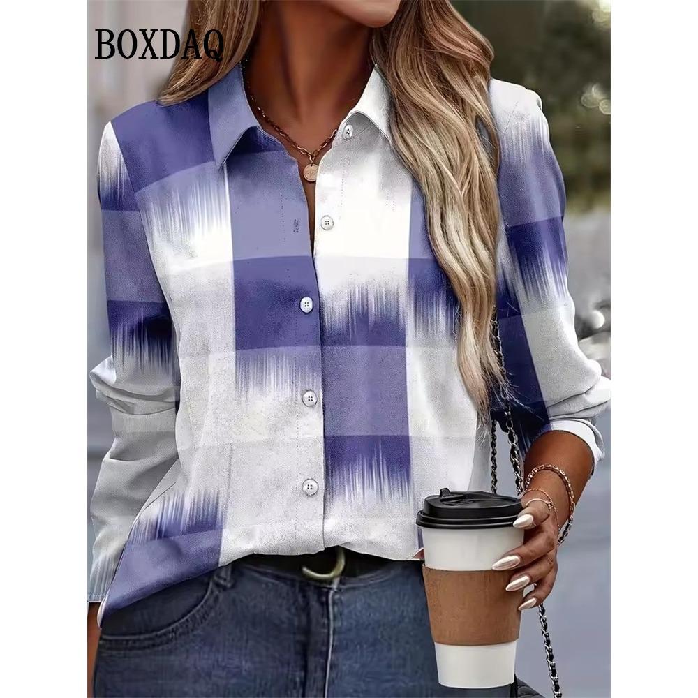 2025 Autumn New Plaid 3D Print Blouse Ladies Long Sleeve Gradient Button Laple Loose Shirts Tops Casual Fashion Women's Clothing