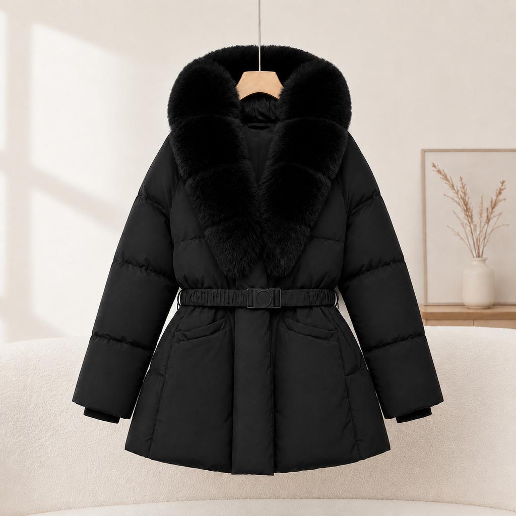 Autumn and winter new European products waist thin big fur collar cotton clothes women's medium and long styles with belts women's display cotton clo
