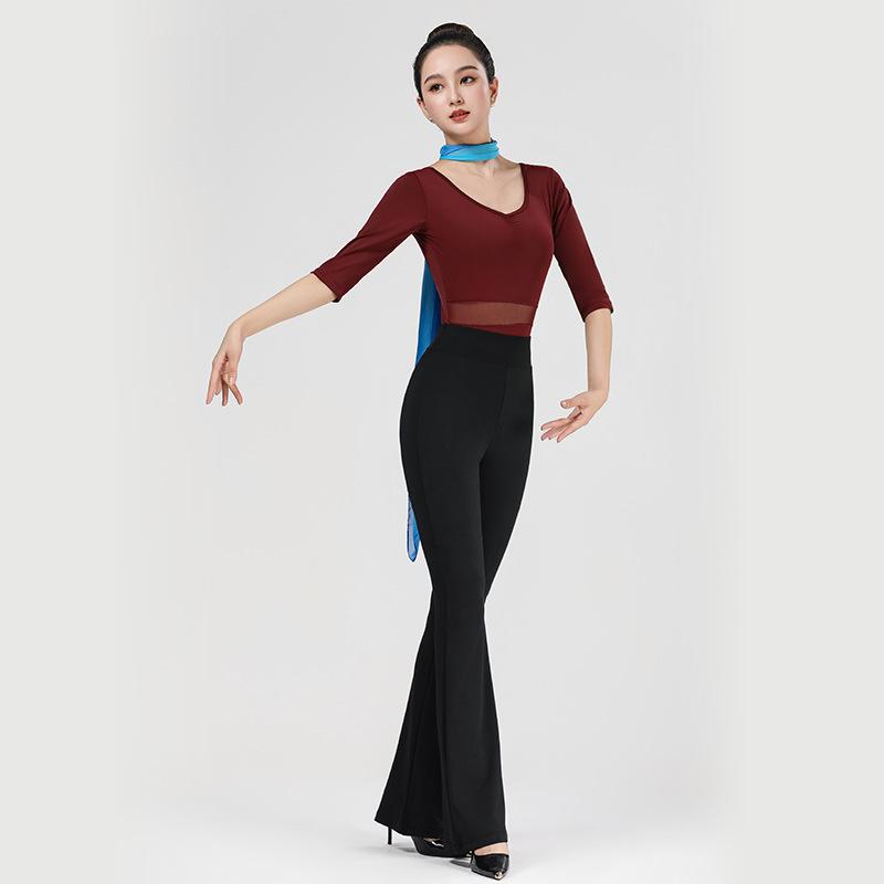 Women's V-Neck Short Sleeve Dance Outfit with Black Flared Pants