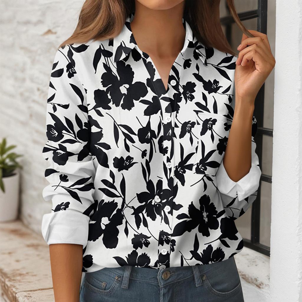 Women's Button Down Prints Shirt Long Sleeve Shirt Business Work Tops Casual With Pockets Jacket