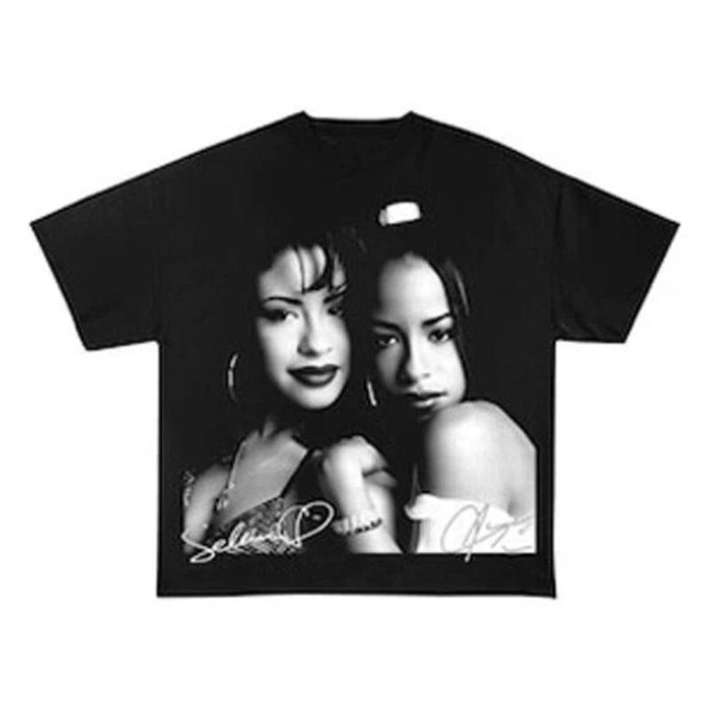 American SELENA X AALIYAH Retro Graphic T-shirt Summer Retro Men's and Women's Streetwear
