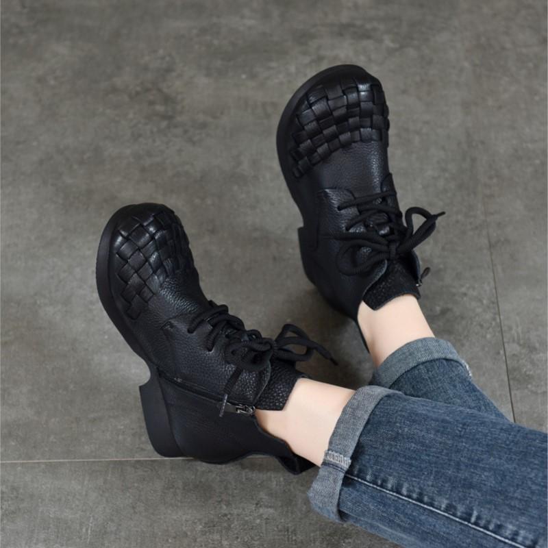 Johnature Stivali da donna in vera pelle intrecciata a mano retrò Stivali corti in vera pelle con lacci e punta tonda