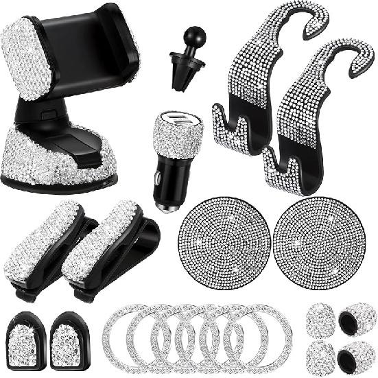 Tallew 20 Pcs Bling Car Accessories for Women, Rhinestone Car Accessories Set, Car Phone Holder Mount, Dual USB Car Adapter, Glasses Holders, Cute