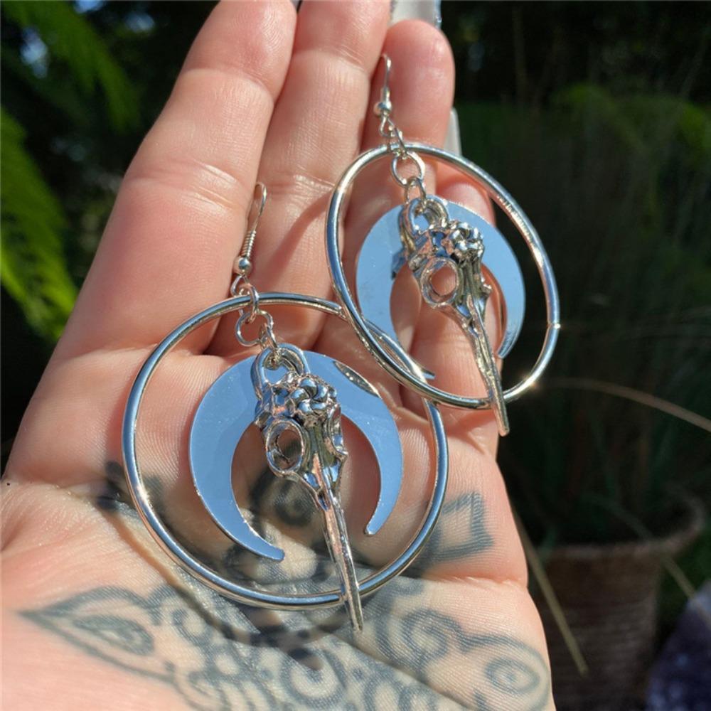 Gothic Sliver Color Large Circle Moon Crow Bird Pointed Mouth Skull Dangle Earrings for Women Men Hallowmas Party Jewelry Gifts