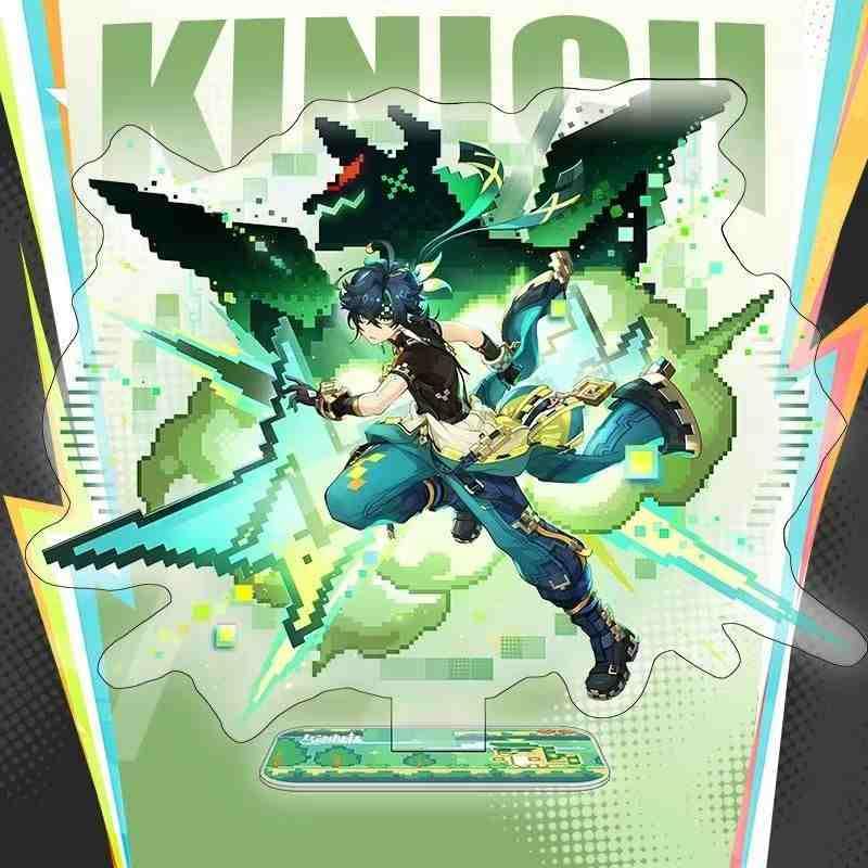 Genshin Impact Kiinichi Acrylic Stand Key Boulder Can Badge Set of 6/5 Cards, Badges, Pins, with Stand, Lightweight, Cute (A)