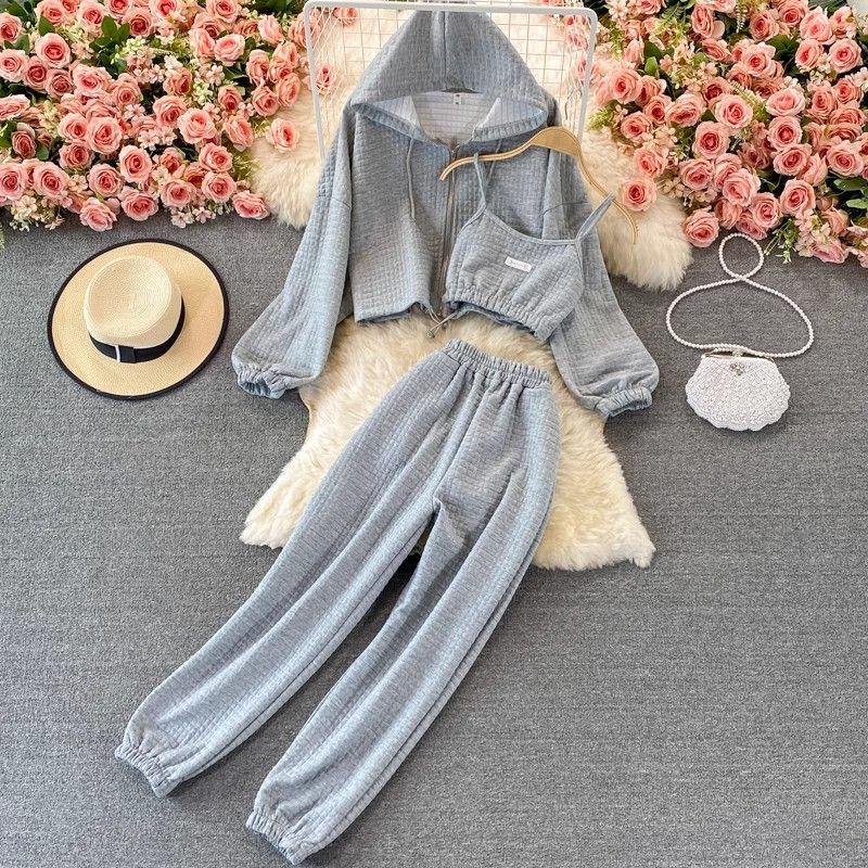 Trendy Women's Spring Set: Hooded Jacket, Vest & Wide-Leg Pants