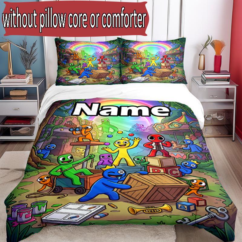 3pcs Duvet Cover Set (1*Duvet Cover + 2*Pillowcase, Without Core), Custom Name Game Rainbow Friends Pattern Bedding Set, Home Bedroom Decor Gift