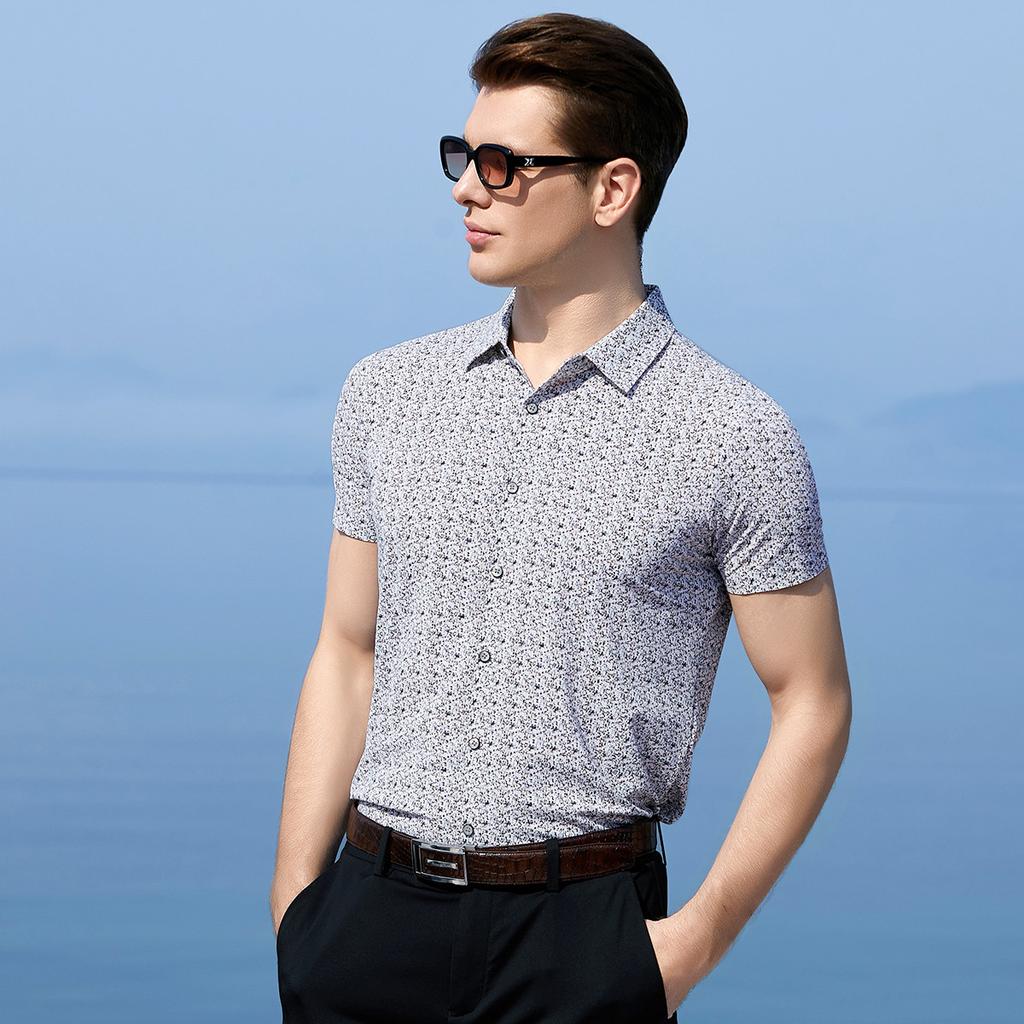[Digital Printing&Cool Skin Friendly] Summer Stretch Easy To Care Business Casual Middle Aged Shirt Men's Short Sleeve