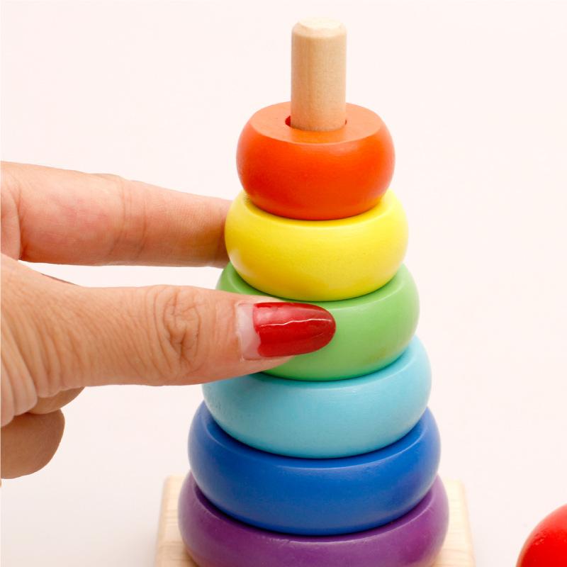 Non-Toxic Montessori Wooden Rainbow Stacker Color Recognition & Hand-Eye Coordination Toy For Babies 1-3 Years