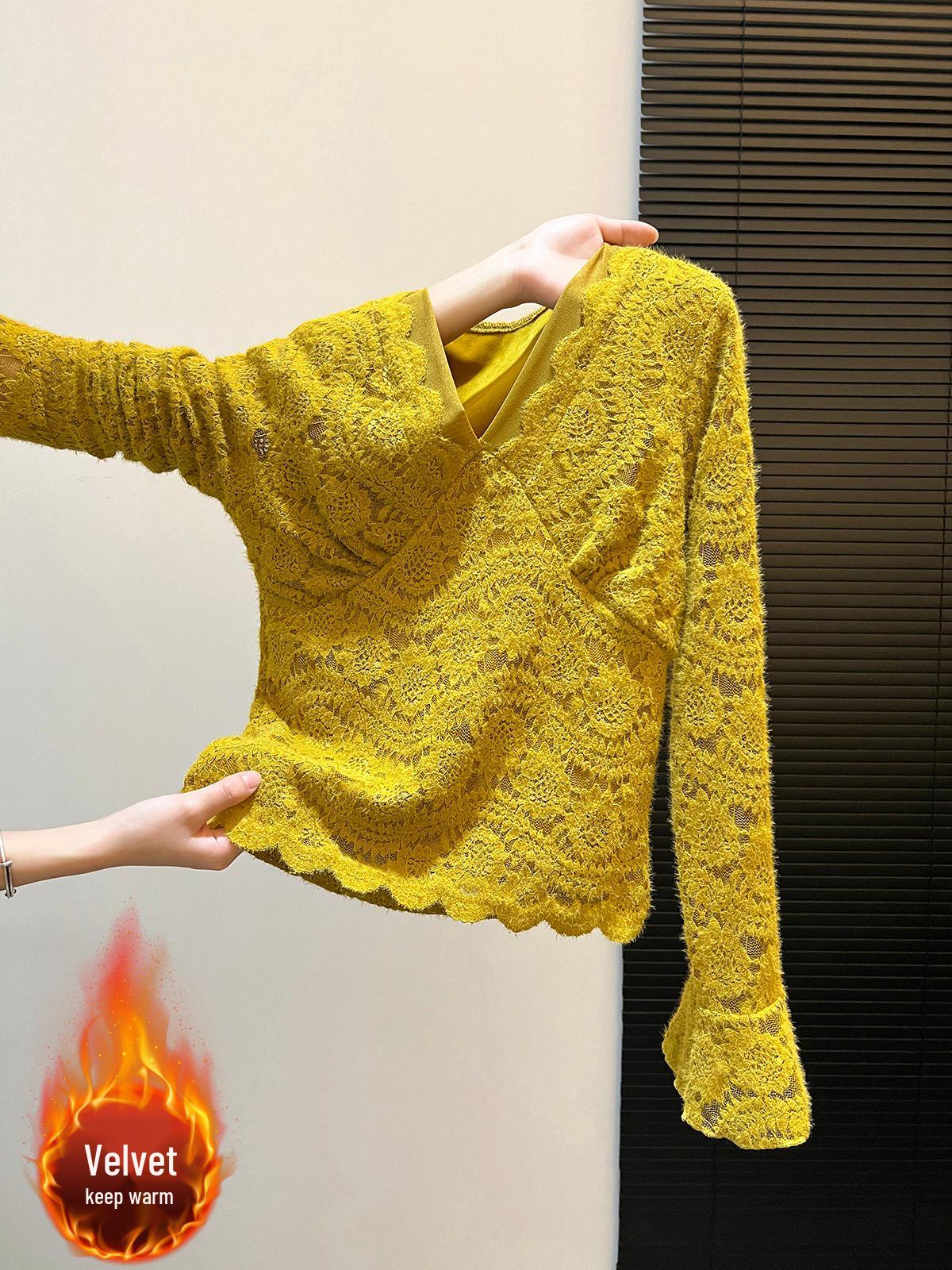 Women s Velvet Lace Base Layer Top - French Chic with Bell Sleeves, Brushed, Warm, and Slimming Long Sleeve Fashion. L