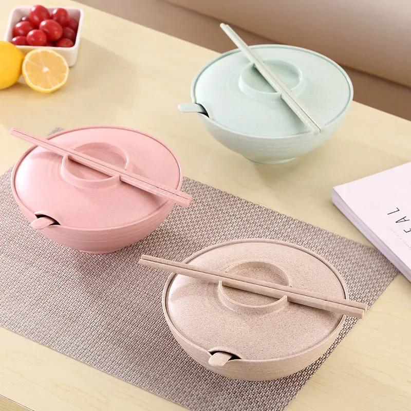 Household Bowls Spoons Chopsticks Set With Lid for Instant Food, 3pcs Wheat Straw Bowl, Instant Noodles Bowl, Kitchen Tableware