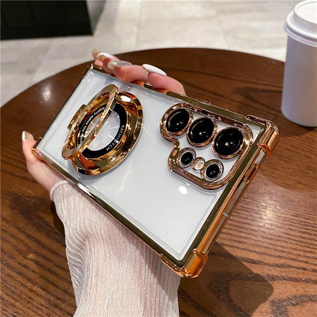 For Samsung S25 S24 S23 Ultra Luxury Holder Stand Plating Frame Transparent Phone Case For Samsung Galaxy S22 Plus A16 A53 Cover