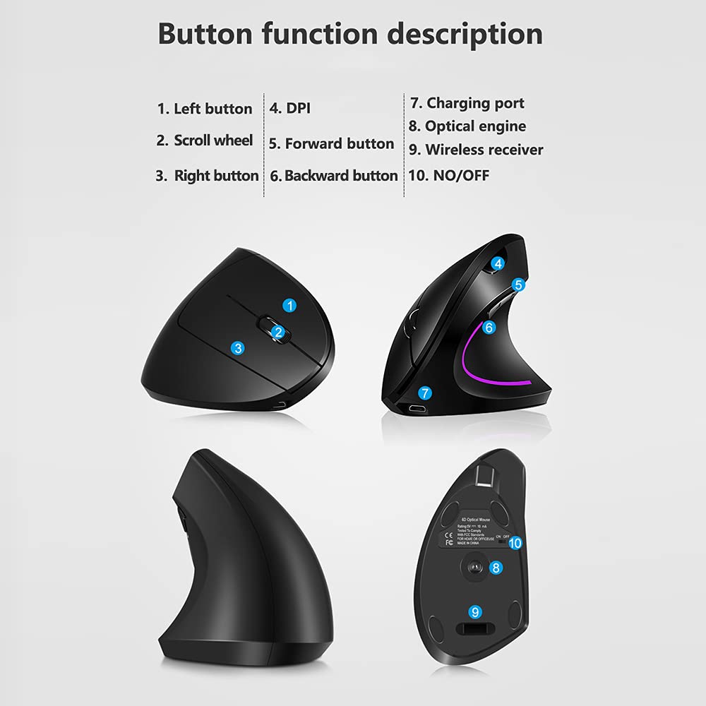 Vertical Mouse, 2.4G Rechargeable Upright Ergonomic Mouse with 3 Adjustable DPI Levels, RGB Fluorescent Light, Plug-in & Play, Gray
