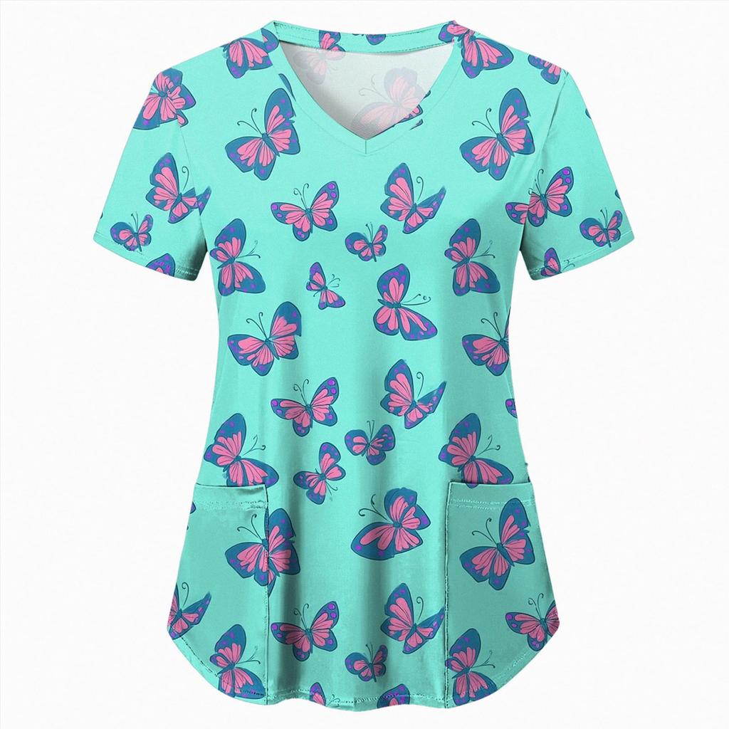 Uniforme Sanitario Enfermera Clínica Enfermería Mariposa Ropa de Trabajo Hospital Camiseta Camiseta Manga Corta Blusa Cuidadora Mujeres Trabajadoras Médico