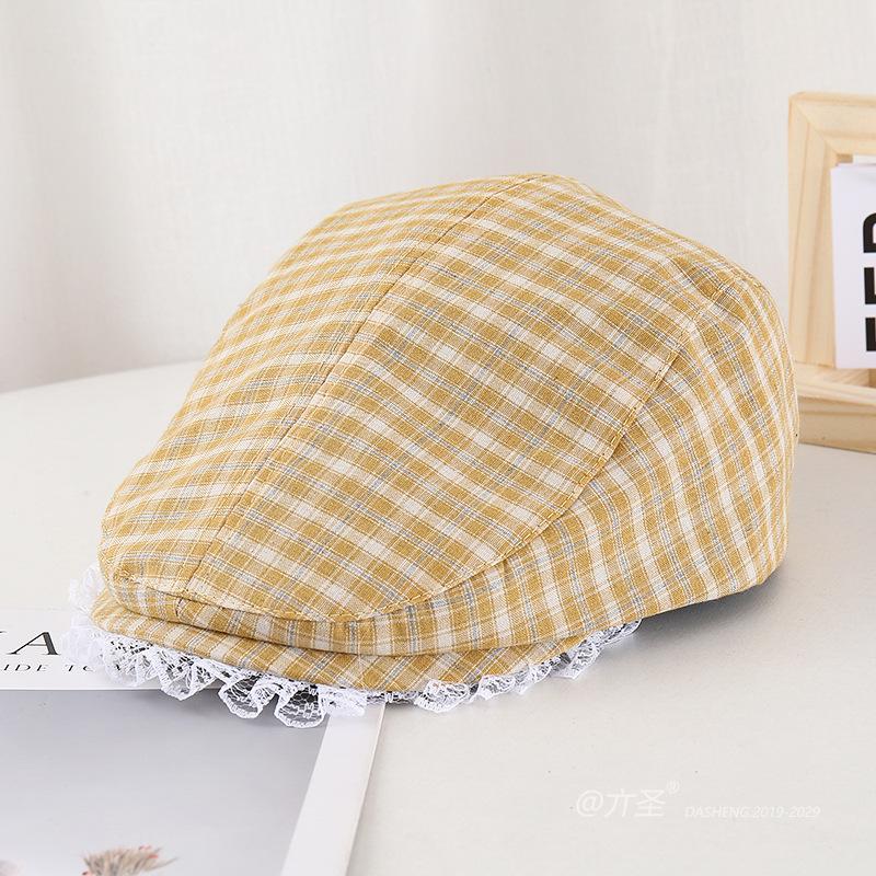 Versatile Plaid Forward Hat Female Sweet Sister Lace Korean Version Cap Showing Face Small Sunshade Bow Casual Beret