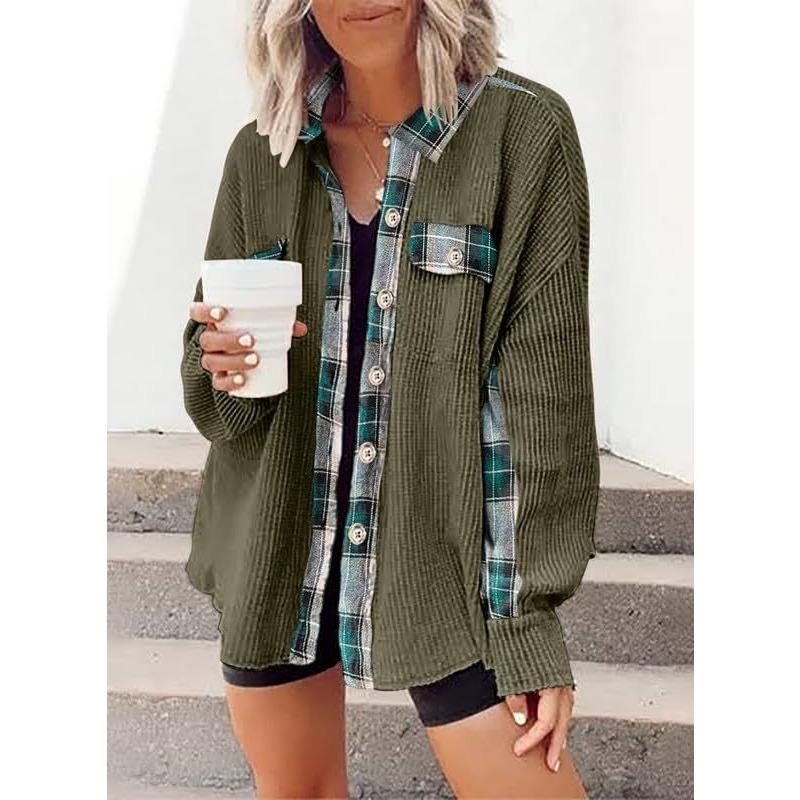 Women Casual Waffle Knit Jacket Loose Plaid Shirt