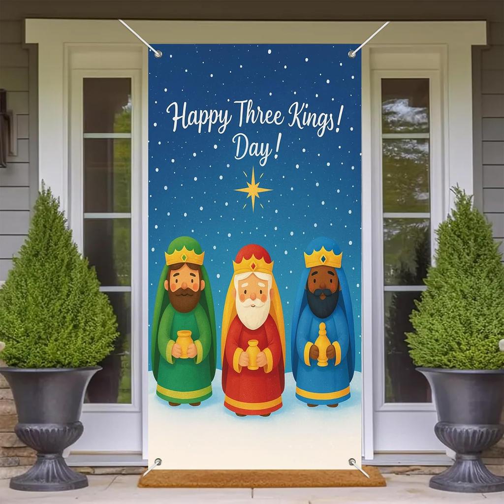 Feliz Dia De Reyes Door Cover 35x71 Inch Three Kings Day Porch Banner Epiphany Decorations Wise Men Celebration Backdrop for Home Office For Girls or
