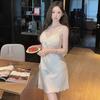 French pajamas women's summer ice silk suspender nightgown two-piece set sexy back waist thin nightgown with chest pad