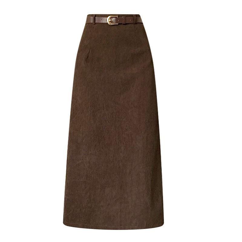 Women's Camel Corduroy Midi Skirt High Waist Straight Casual Warm Winter Skirt with Belt