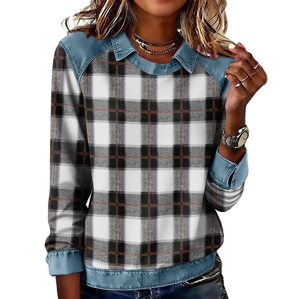 Damenmode Ausgestelltes Langarm Denim Patchwork Sweatshirt Mit Aufdruck Lässiger Pullover Top