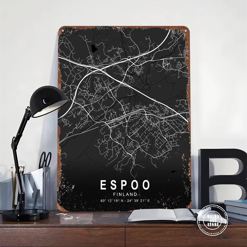 Espoo Dark Map Tin Plaque Poster Customized Wall Art Retro Vintage Metal Signs for Man Cave Bedroom Decoration Room Office Decor