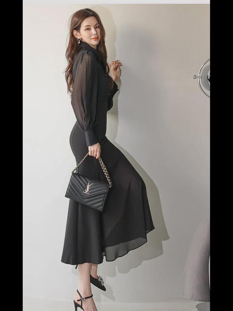 Korean Style Women's Autumn 2023 Slim Fit Ruffle Hem Dress
