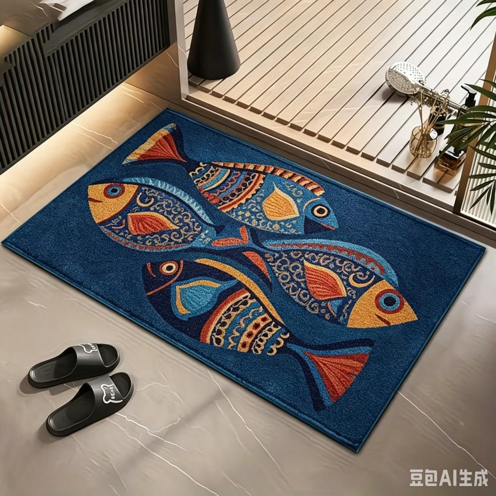 Tapis de bienvenue vintage poisson Motif tribal Tapis de sol Antidérapant Tapis d'entrée Intérieur Extérieur Tapis de cuisine Décor 40x60cm