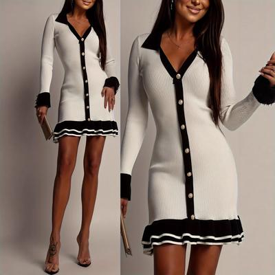 Damen Strickkleid mit Hoher Taille, Bodycon-Kleid mit Rüschensaum und Langen Ärmeln, Elegante Silhouette, Französischer Stil, Büro- bis Date-Night-Kleid