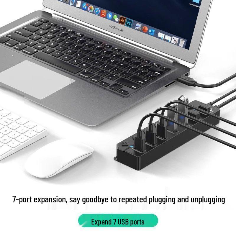 Seven-Port USB Hub with Switch for Desktop and Laptop Expansion