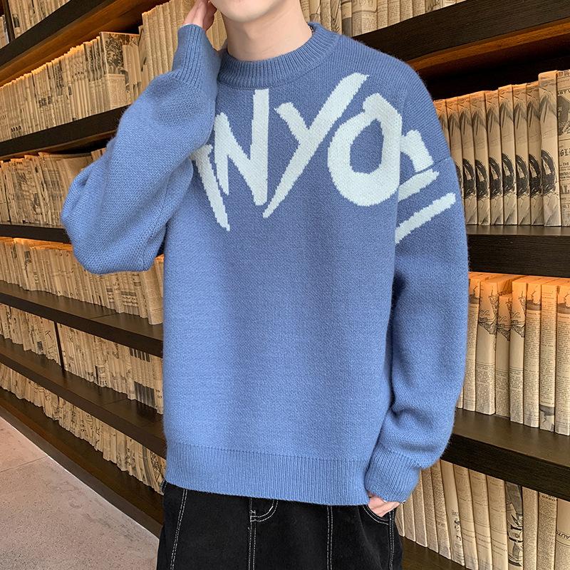 Japanischer Retro-Buchstaben-Jacquard-Strickpullover für Herren, Herbst, Trendmarke I Lockerer Rundhals, lässige warme Strickjacke