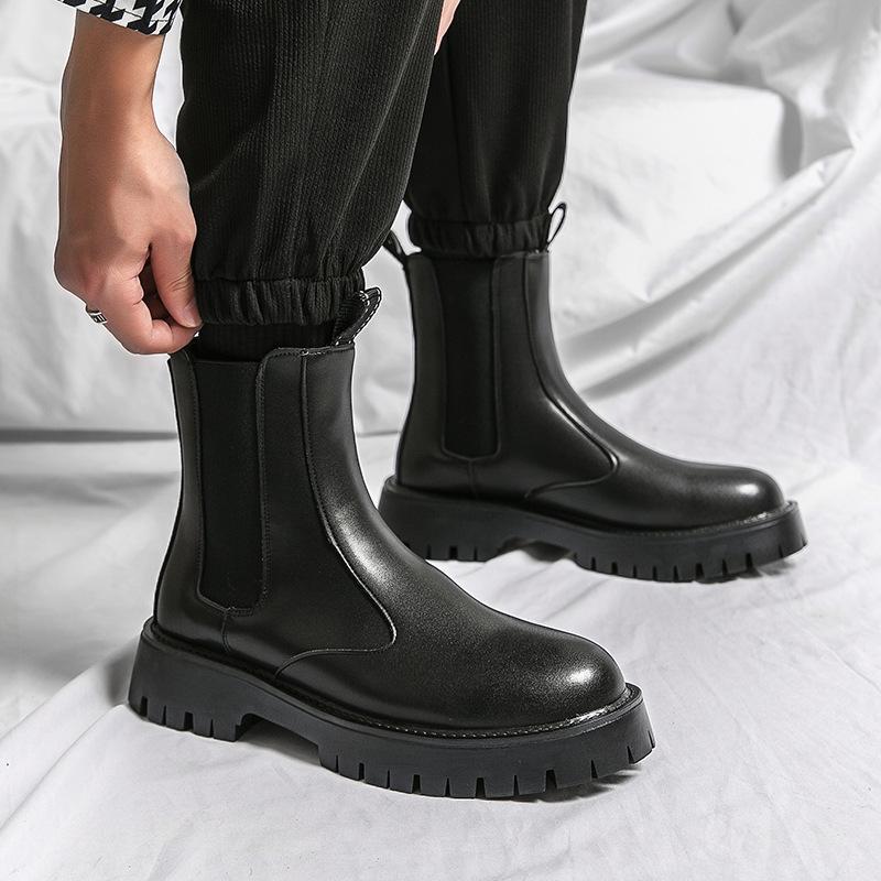 Chelsea boots men's high-top British smoke boots 2025 autumn and winter velvet Martin boots men's lleather shoes