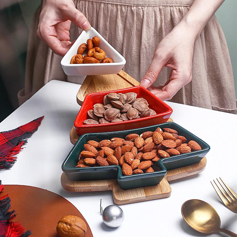 Bamboo Christmas Tree Shape Snack Plate Bowl Dish Breakfast Salad Tray With Ceramic Plate for Dessert Fruit