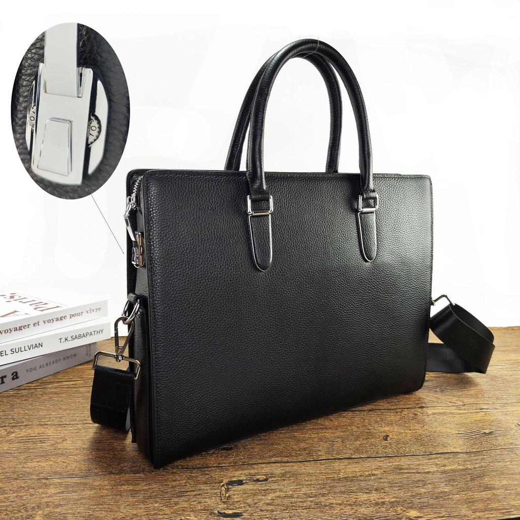 Men's High-End Genuine Leather Briefcase with Anti-Theft Fingerprint Lock - Single Shoulder Crossbody Business Handbag
