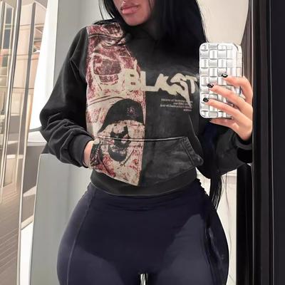 Sınır ötesi Avrupa ve Amerikan sıcak kız komik kapşonlu hip-hop retro trend marka çift baskı yıkanmış eski kapşonlu kazak ceket