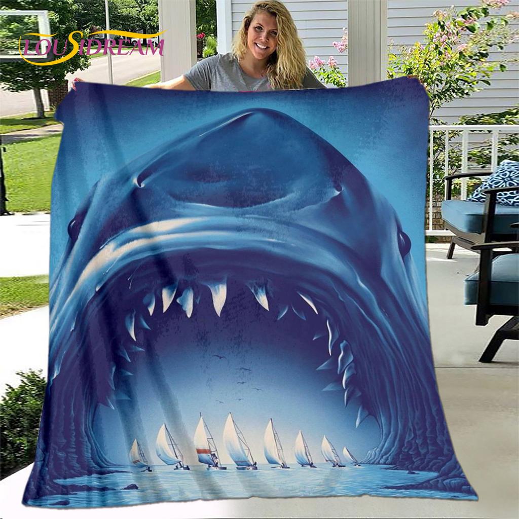 Coperta morbida in flanella con squali cartoni animati 3D, coperta da divano per soggiorno, camera da letto, letto, divano, copertura per picnic