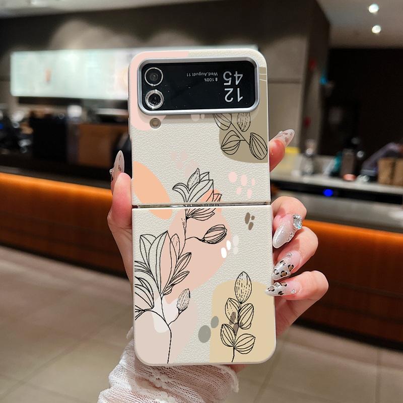 Leather Texture Soft TPU Folding Case For Samsung Galaxy Z Flip7 Flip6 Flip5 Flip4 Z Flip 7 FE 6 5 3 5G Plant Print Phone Cover